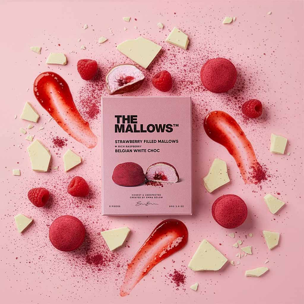 STRAWBERRY FILLED MALLOWS + RICH RASPBERRY & BELGIAN WHITE CHOC BOX – 5 PCS